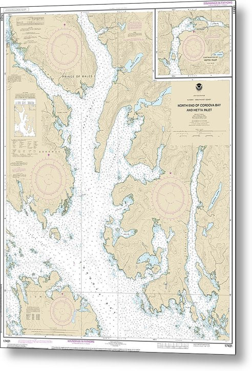 A beuatiful Metal Print of the Nautical Chart-17431 N End-Cordova Bay-Hetta Inlet - Metal Print by SeaKoast.  100% Guarenteed!