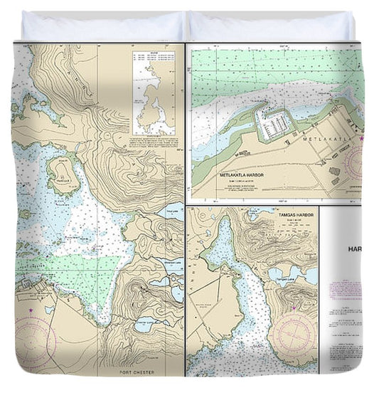 Nautical Chart 17435 Harbors In Clarence Strait Port Chester, Annette Island, Tamgas Harbor, Annette Island, Metlakatla Harbor Duvet Cover
