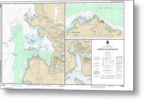 A beuatiful Metal Print of the Nautical Chart-17435 Harbors In Clarence Strait Port Chester, Annette Island, Tamgas Harbor, Annette Island, Metlakatla Harbor - Metal Print by SeaKoast.  100% Guarenteed!