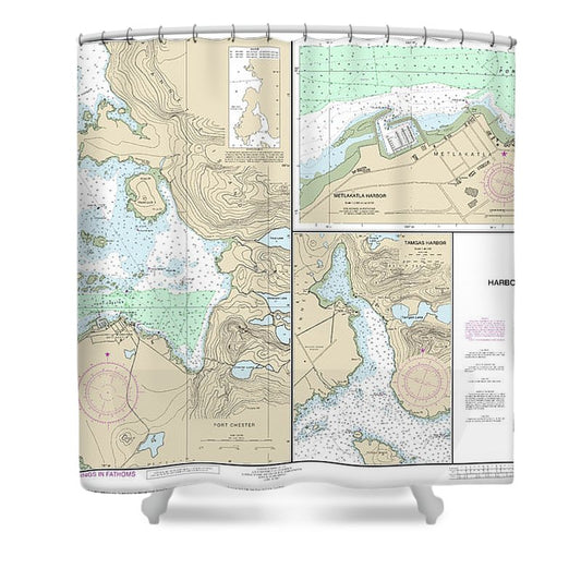 Nautical Chart 17435 Harbors In Clarence Strait Port Chester, Annette Island, Tamgas Harbor, Annette Island, Metlakatla Harbor Shower Curtain