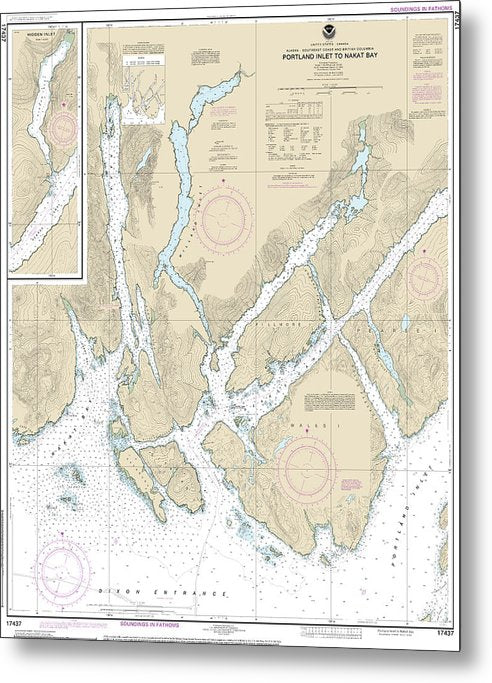 A beuatiful Metal Print of the Nautical Chart-17437 Portland Inlet-Nakat Bay - Metal Print by SeaKoast.  100% Guarenteed!