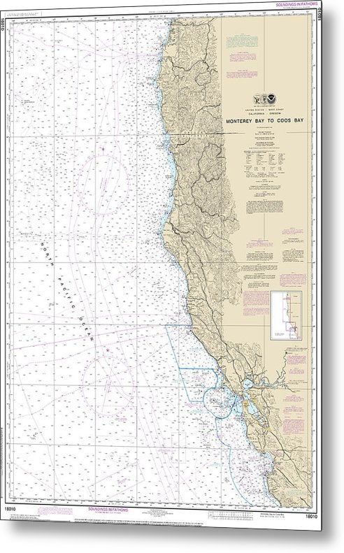 A beuatiful Metal Print of the Nautical Chart-18010 Monterey Bay-Coos Bay - Metal Print by SeaKoast.  100% Guarenteed!