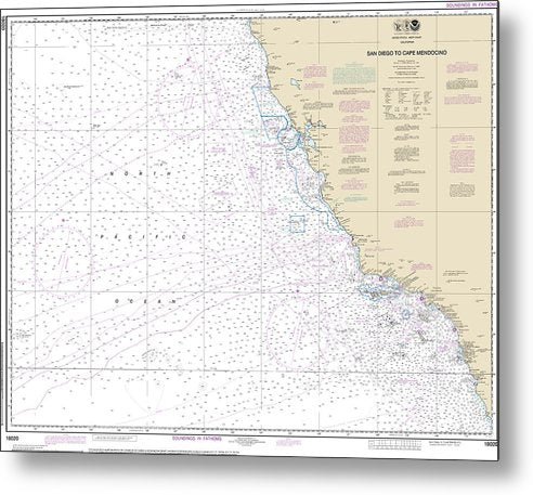 A beuatiful Metal Print of the Nautical Chart-18020 San Diego-Cape Mendocino - Metal Print by SeaKoast.  100% Guarenteed!
