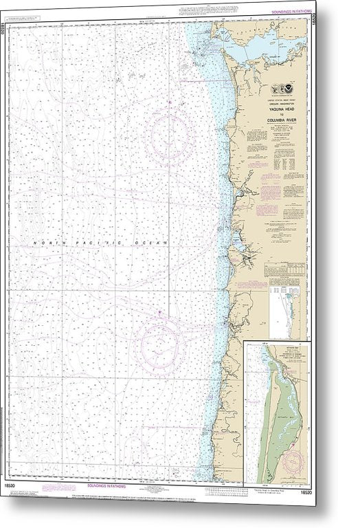 A beuatiful Metal Print of the Nautical Chart-18520 Yaquina Head-Columbia River, Netarts Bay - Metal Print by SeaKoast.  100% Guarenteed!
