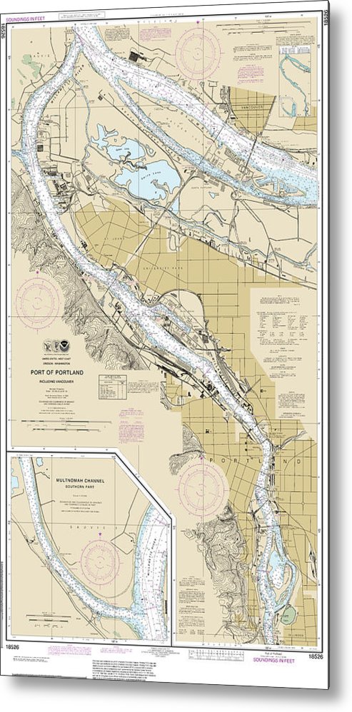 A beuatiful Metal Print of the Nautical Chart-18526 Port-Portland, Including Vancouver, Multnomah Channel-Southern Part - Metal Print by SeaKoast.  100% Guarenteed!