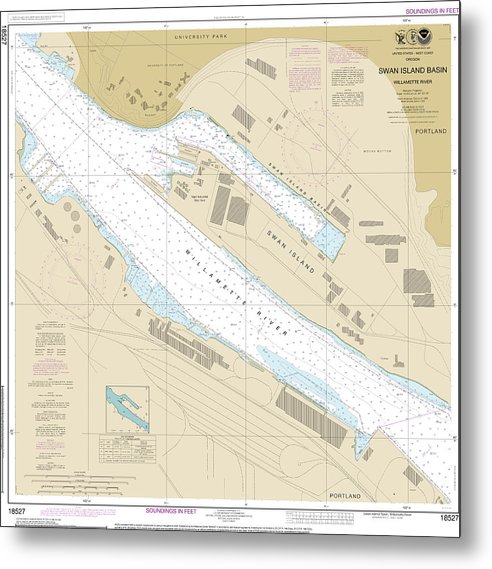 A beuatiful Metal Print of the Nautical Chart-18527 Willamette River-Swan Island Basin - Metal Print by SeaKoast.  100% Guarenteed!