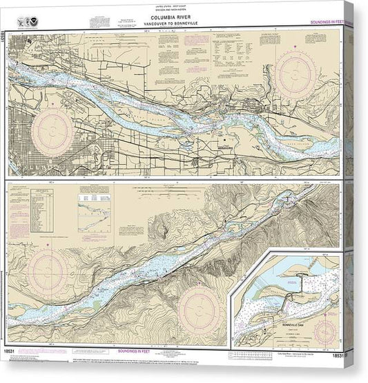 Nautical Chart-18531 Columbia River Vancouver-Bonneville, Bonneville Dam Canvas Print