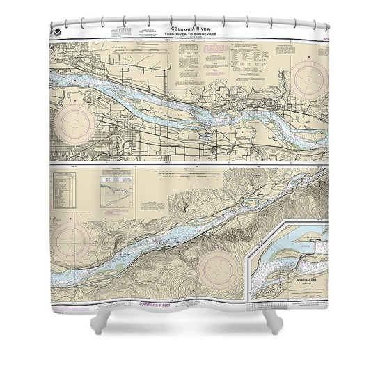Nautical Chart 18531 Columbia River Vancouver Bonneville, Bonneville Dam Shower Curtain