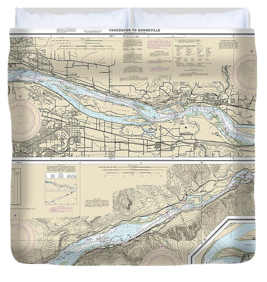 Nautical Chart 18531 Columbia River Vancouver Bonneville, Bonneville Dam Duvet Cover