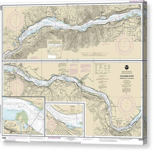 Nautical Chart-18532 Columbia River Bonneville-The Dalles, The Dalles, Hood River Canvas Print
