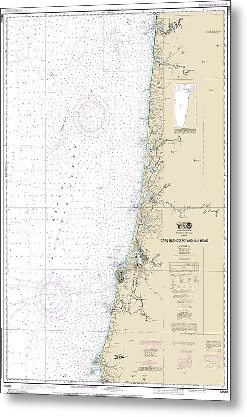 A beuatiful Metal Print of the Nautical Chart-18580 Cape Blanco-Yaquina Head - Metal Print by SeaKoast.  100% Guarenteed!