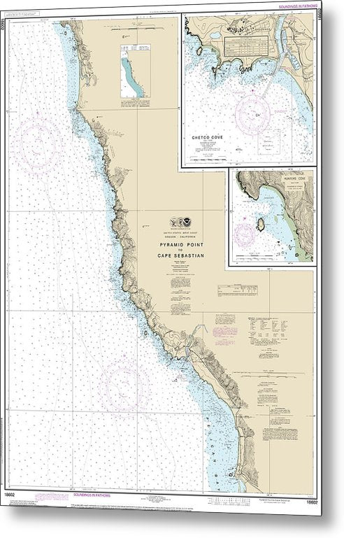 A beuatiful Metal Print of the Nautical Chart-18602 Pyramid Point-Cape Sebastian, Chetco Cove, Hunters Cove - Metal Print by SeaKoast.  100% Guarenteed!