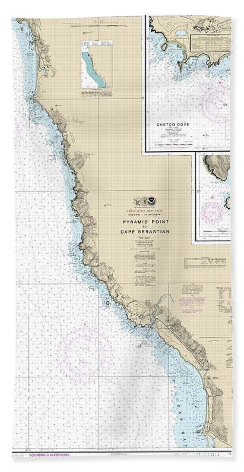 Nautical Chart-18602 Pyramid Point-cape Sebastian, Chetco Cove, Hunters Cove - Bath Towel