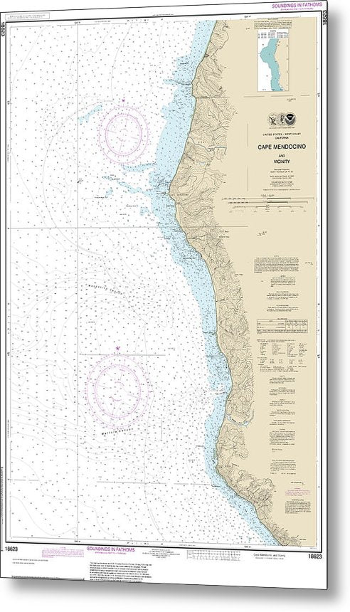 A beuatiful Metal Print of the Nautical Chart-18623 Cape Mendocino-Vicinity - Metal Print by SeaKoast.  100% Guarenteed!