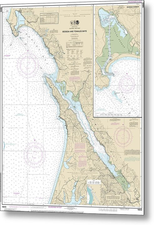 A beuatiful Metal Print of the Nautical Chart-18643 Bodega-Tomales Bays, Bodega Harbor - Metal Print by SeaKoast.  100% Guarenteed!