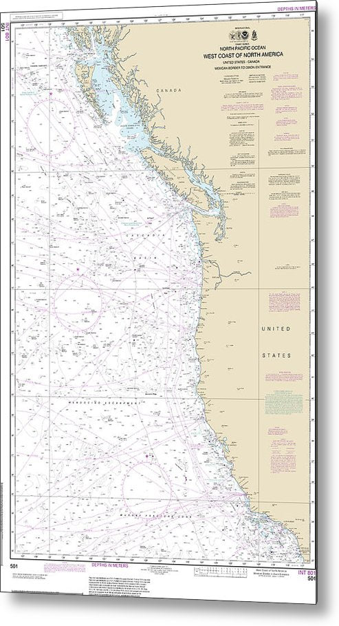 A beuatiful Metal Print of the Nautical Chart-501 North Pacific Ocean West Coast-North America Mexican Border-Dixon Entrance - Metal Print by SeaKoast.  100% Guarenteed!