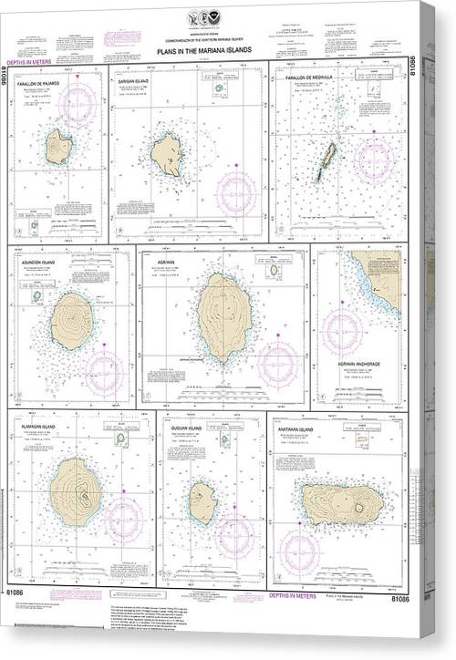 Nautical Chart-81086 Plans In The Mariana Islands, Faraloon De Pajaros, Sarigan Island, Farallon De Medinilla, Ascuncion Island, Agrihan, Agrihan Anchorge, Alamagan Island, Guguan, Anatahan Canvas Print