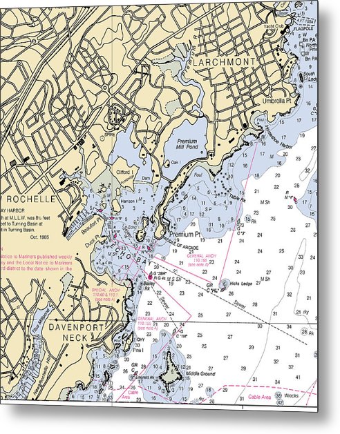 A beuatiful Metal Print of the New Rochelle-New York Nautical Chart - Metal Print by SeaKoast.  100% Guarenteed!
