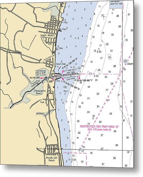 A beuatiful Metal Print of the North Beach-Maryland Nautical Chart - Metal Print by SeaKoast.  100% Guarenteed!
