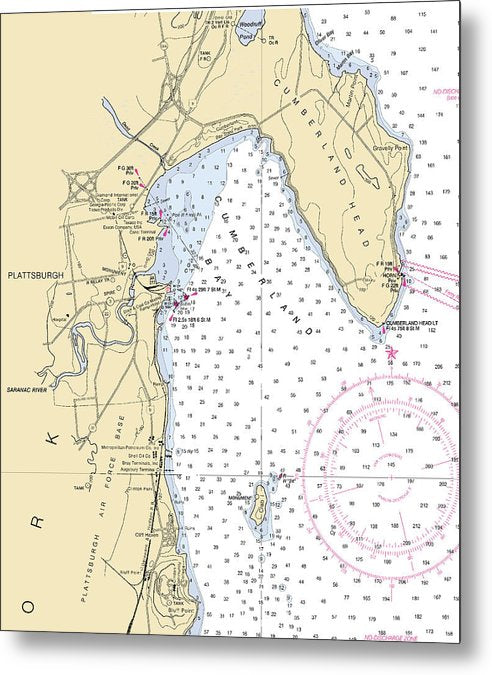 A beuatiful Metal Print of the Plattsburg-Lake Champlain  Nautical Chart - Metal Print by SeaKoast.  100% Guarenteed!