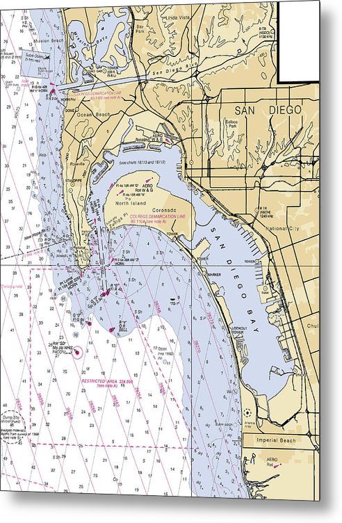 A beuatiful Metal Print of the San-Diego -California Nautical Chart _V6 - Metal Print by SeaKoast.  100% Guarenteed!