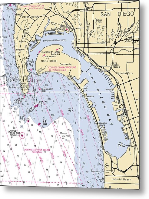 A beuatiful Metal Print of the San Diego Harbor-California Nautical Chart - Metal Print by SeaKoast.  100% Guarenteed!