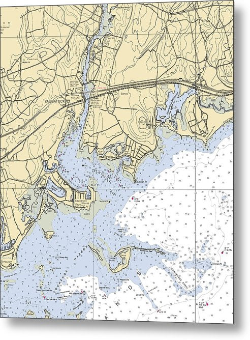 A beuatiful Metal Print of the Saugatuck-Connecticut Nautical Chart - Metal Print by SeaKoast.  100% Guarenteed!