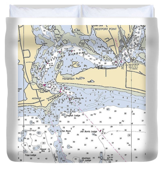Westport Harbor Massachusetts Nautical Chart Duvet Cover
