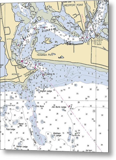 A beuatiful Metal Print of the Westport Harbor-Massachusetts Nautical Chart - Metal Print by SeaKoast.  100% Guarenteed!
