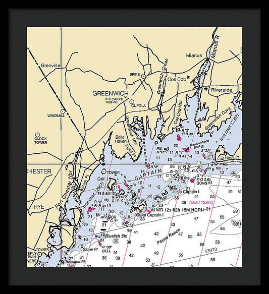 Greenwich-connecticut Nautical Chart - Framed Print