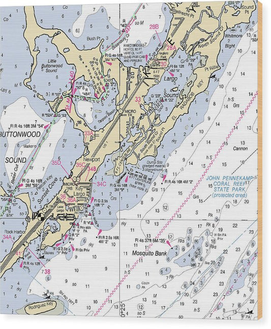Key Largo South-florida Nautical Chart - Wood Print