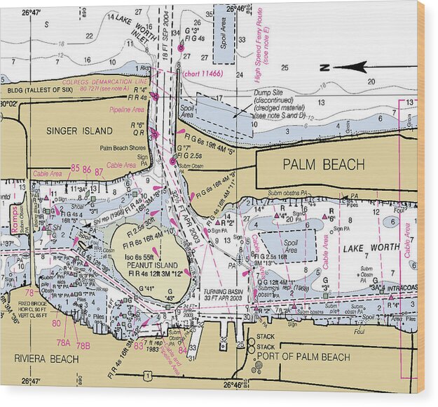 Lake Worth Inlet Florida Nautical Chart - Wood Print