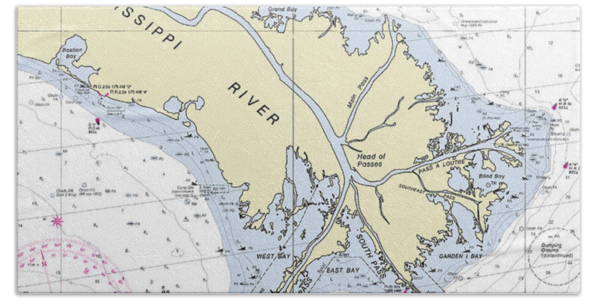 Mississippi Delta Louisiana Nautical Chart - Bath Towel