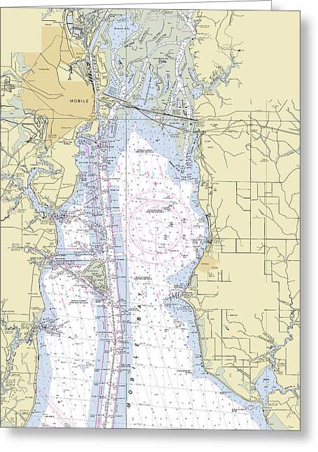 Mobile Alabama Upper Bay Nautical Chart - Greeting Card