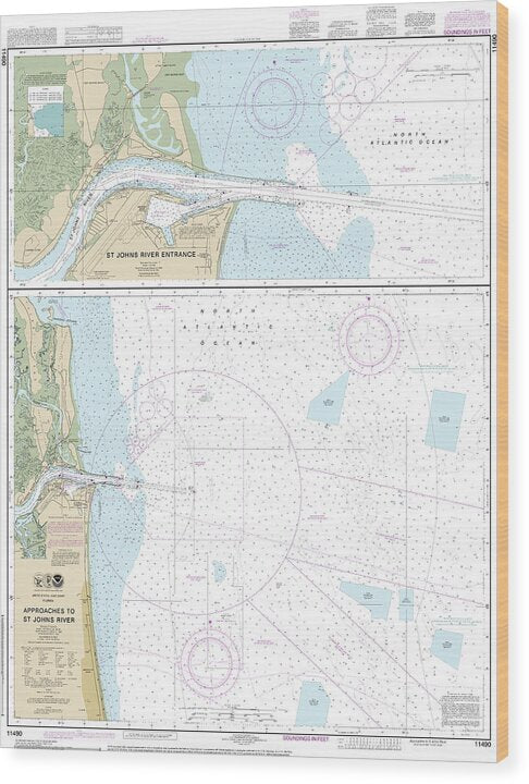 Nautical Chart-11490 Approaches-st Johns River, St Johns River Entrance - Wood Print