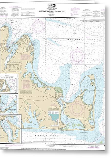 Nautical Chart-13238 Marthas Vineyard Eastern Part, Oak Bluffs Harbor, Vineyard Haven Harbor, Edgartown Harbor - Greeting Card
