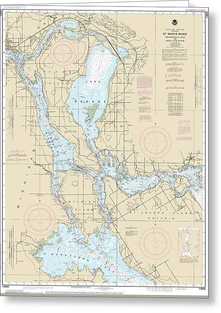 Nautical Chart-14883 St Marys River - Munuscong Lake-sault Ste Marie - Greeting Card