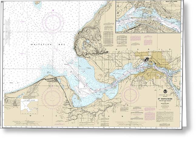 Nautical Chart-14884 St Marys River - Head-lake Nicolet-whitefish Bay, Sault Ste Marie - Greeting Card