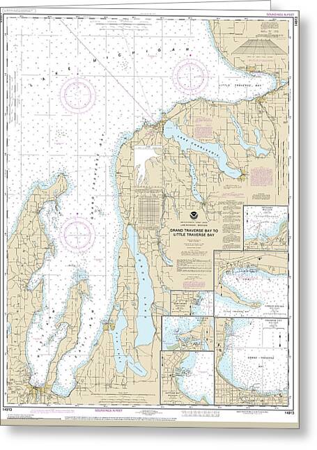 Nautical Chart-14913 Grand Traverse Bay-little Traverse Bay, Harobr Springs, Petoskey, Elk Rapids, Suttons Bay, Northport, Traverse City - Greeting Card