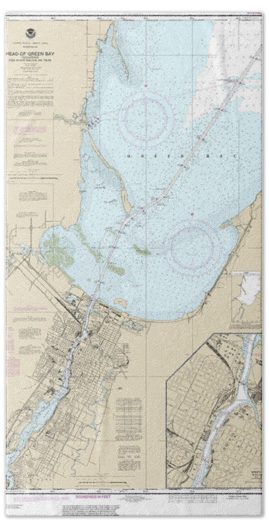 Nautical Chart-14918 Head-green Bay, Including Fox River Below De Pere, Green Bay - Bath Towel