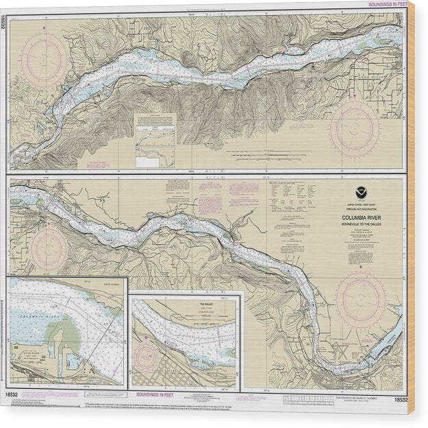 Nautical Chart-18532 Columbia River Bonneville-the Dalles, The Dalles, Hood River - Wood Print