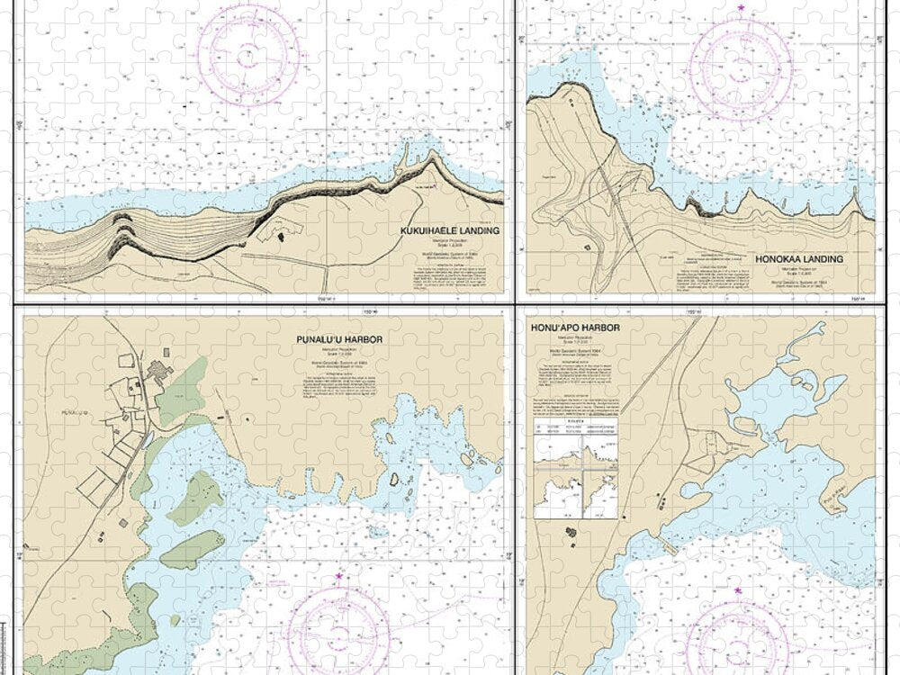 Nautical Chart-19322 Harbors-landings On The Northeast-southeast Coasts-hawaii, Punaluu Harbor, Honuapo Bay, Honokaa Landing, Kukuihaele Landing - Puzzle