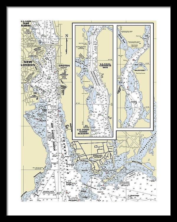 New London Connecticut Nautical Chart - Framed Print