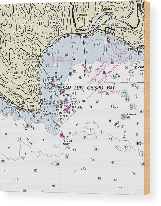 San Luis Obisbo Bay California Nautical Chart - Wood Print