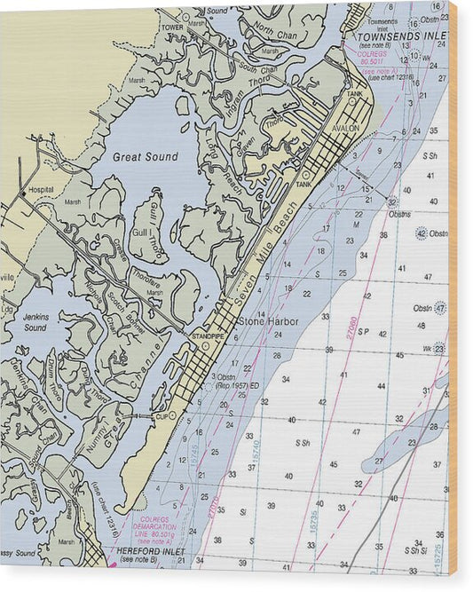 Seven Mile Beach New Jersey Nautical Chart - Wood Print