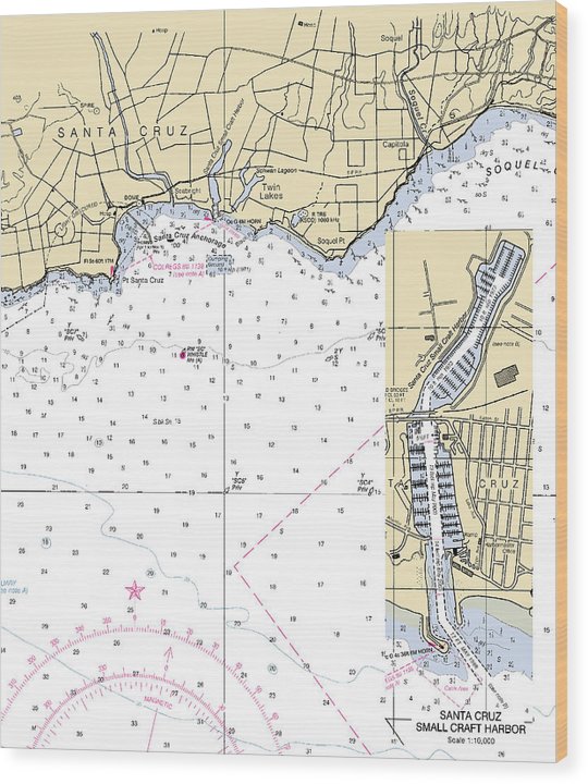 Santa Cruz-California Nautical Chart Wood Print