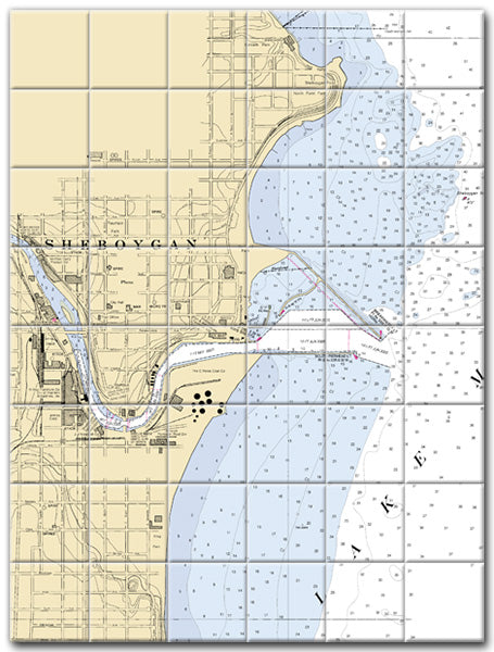 Sheboygan Harbor Lake Michigan Nautical Chart Tile Art-Mural-Kitchen Backsplash-Bathroom Tile-Countertop by SeaKoast
