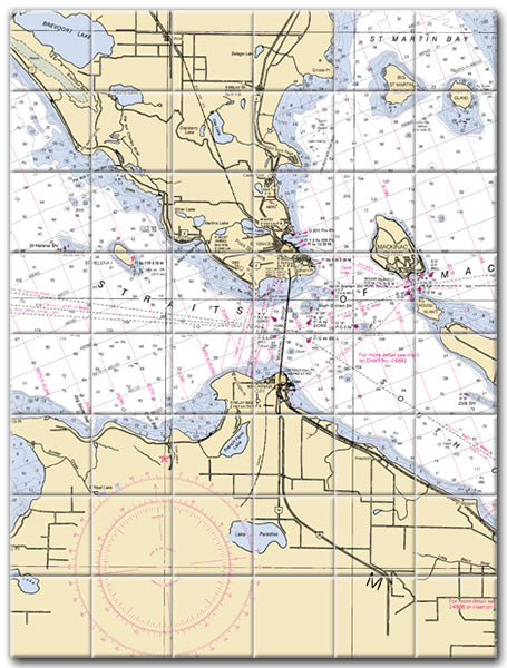 Straits Of Mackinac St Martin Lake Michigan Nautical Chart Tile Art-Mural-Kitchen Backsplash-Bathroom Tile-Countertop by SeaKoast