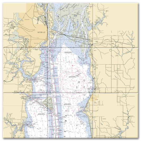 Mobile Upper Bay Alabama Nautical Chart Tile Mural-Kitchen Backsplash-Bathroom Tile-Countertop by SeaKoast