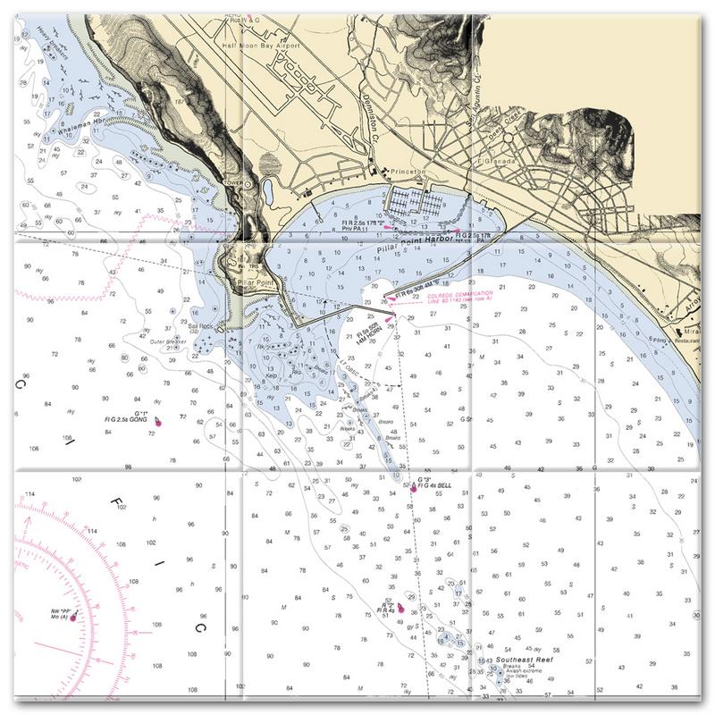 Half Moon Bay California Nautical Chart Tile Mural-Kitchen Backsplash-Bathroom Tile-Countertop by SeaKoast